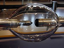 玻璃椭球有两个相对的金属电极，一头较钝，另一头较尖锐的。
