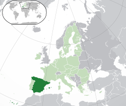 西班牙的位置（深绿色） – 欧洲（绿色及深灰色） – 欧洲联盟（绿色）
