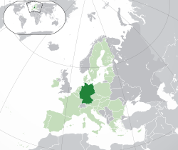 德国的位置（深綠色） – 歐洲（綠色及深灰色） – 歐盟（綠色）  —  [圖例放大]
